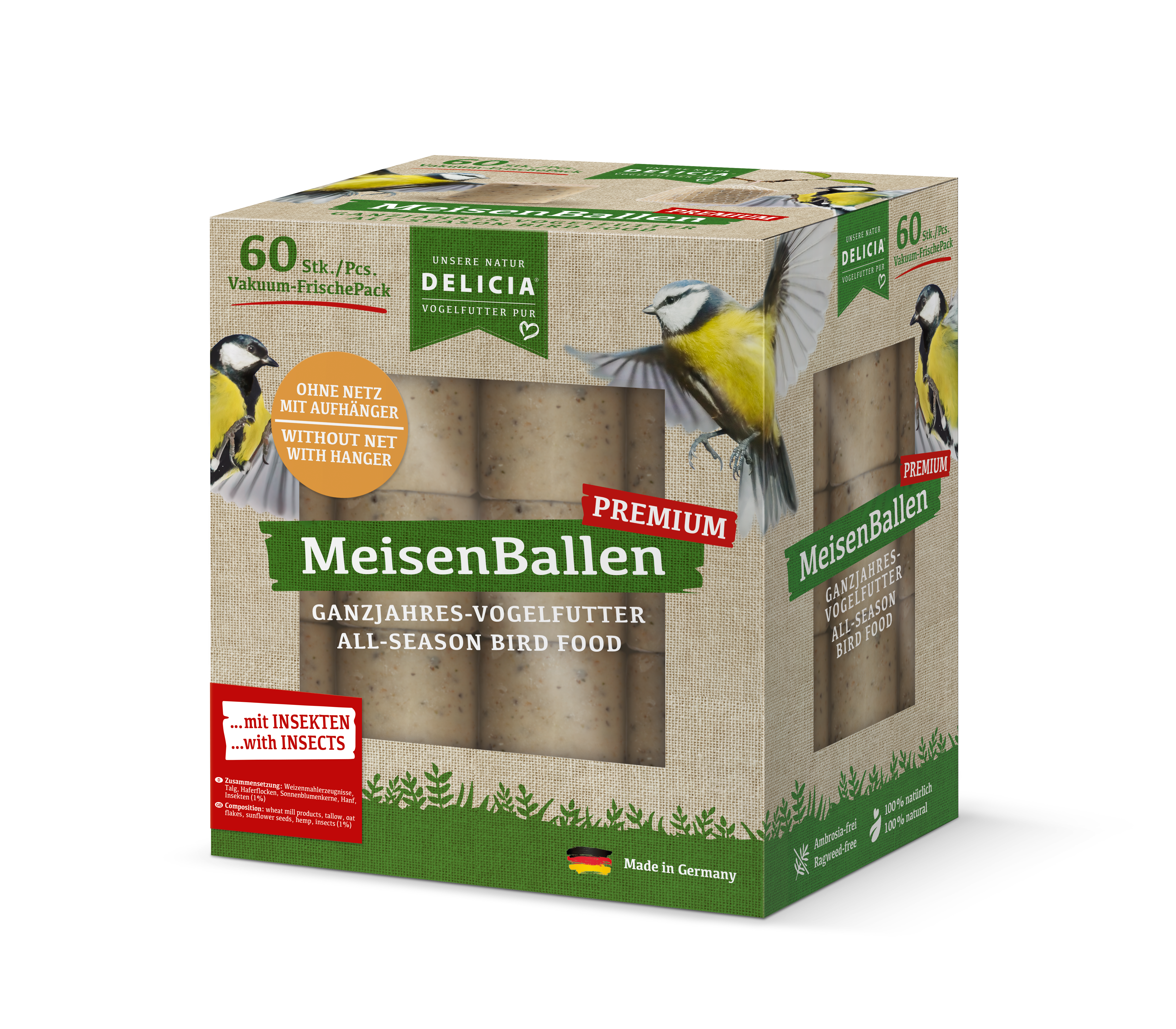 Delicia Meisenballen mit Insekten und Aufhänger, Meisenknödel ohne Netz, Insektenknödel, Vogelfutter, Meisenfutter