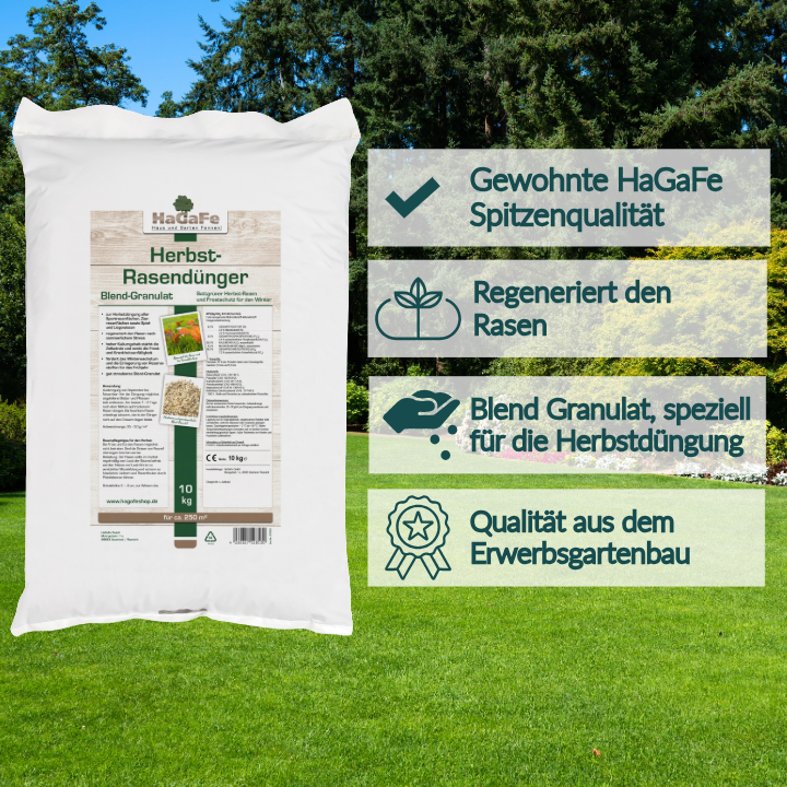 HaGaFe Herbstrasendünger, Herbst - Rasendünger, Rasen - Dünger, Kaliumdünger für Frosthärte und Standfestigkeit, Blend - Granulat